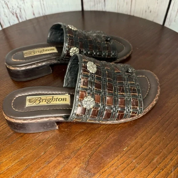 BRIGHTON women’s woven leather slides thongs sandals multi tone brown size 6 GUC - Picture 2 of 16